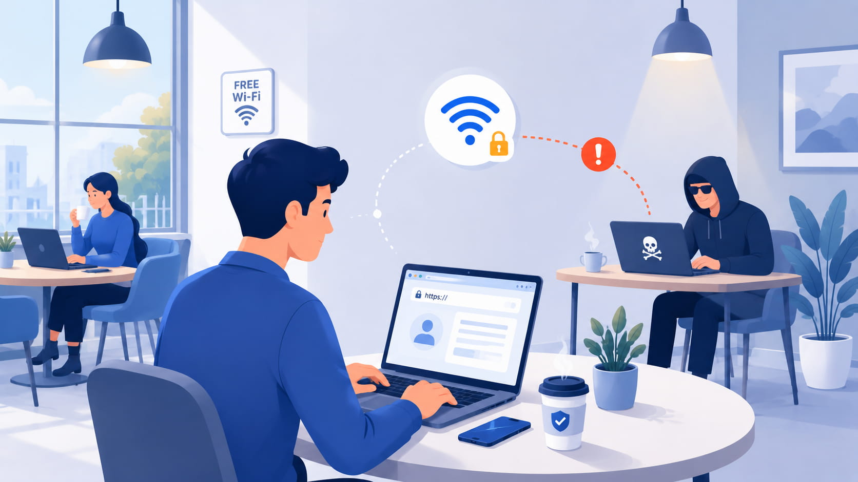 Medewerker werkt op laptop via wifi in een café