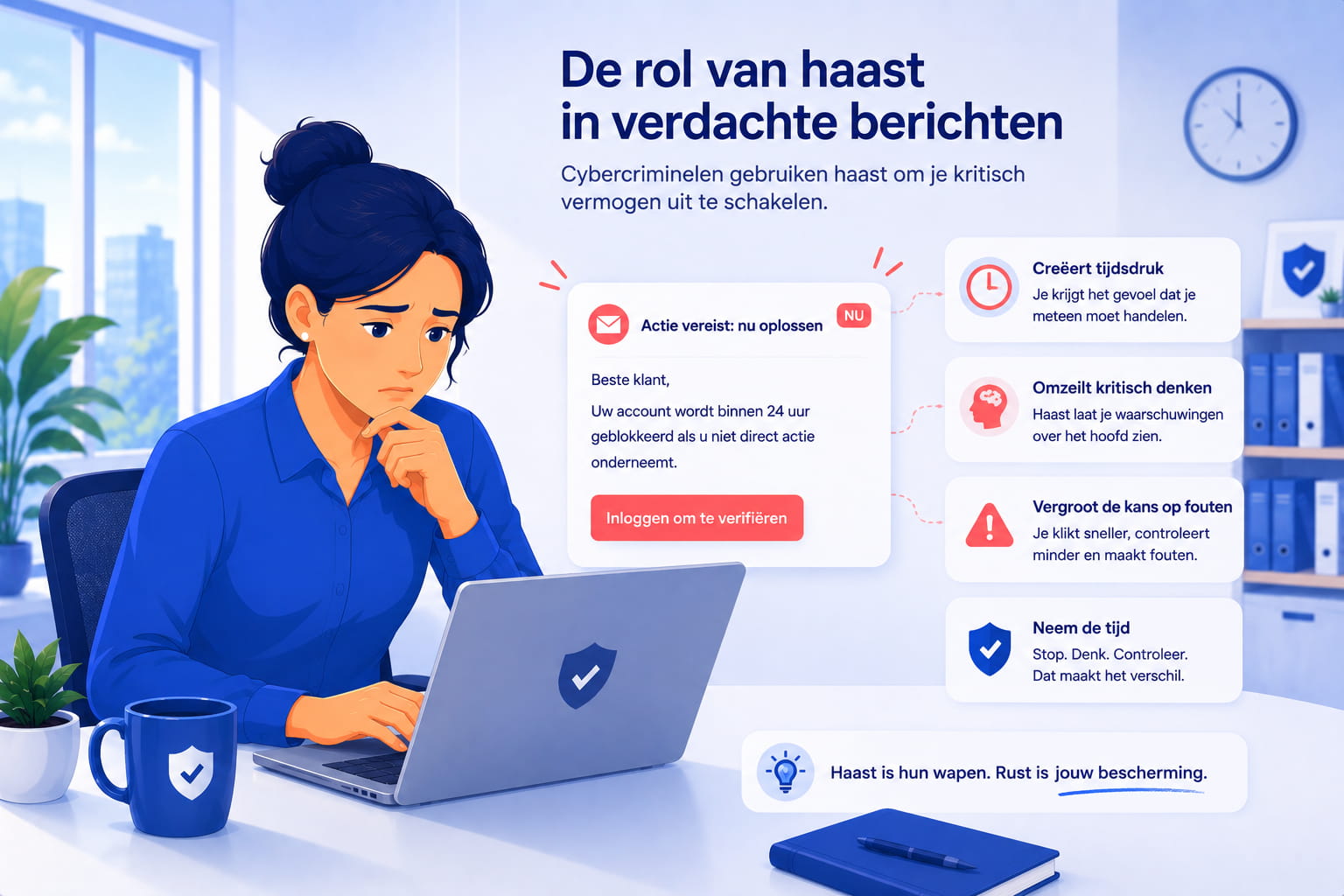 Medewerker ziet een urgente waarschuwing op een laptop