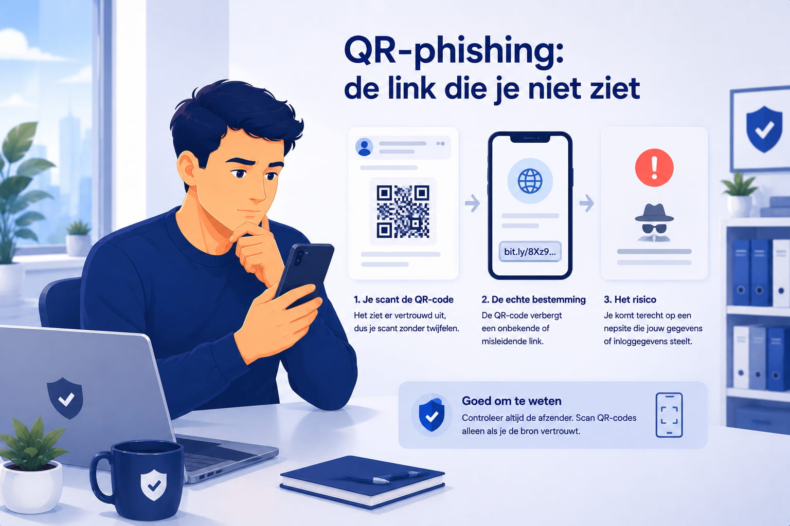 Medewerker scant voorzichtig een QR-code met een smartphone