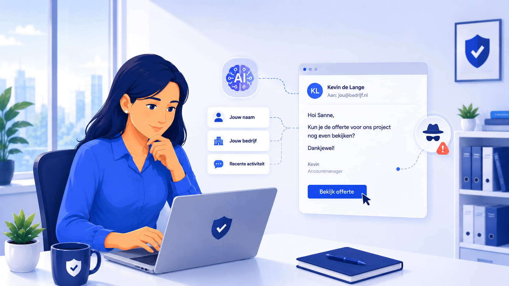 Medewerker bekijkt een overtuigend phishingbericht op een laptop