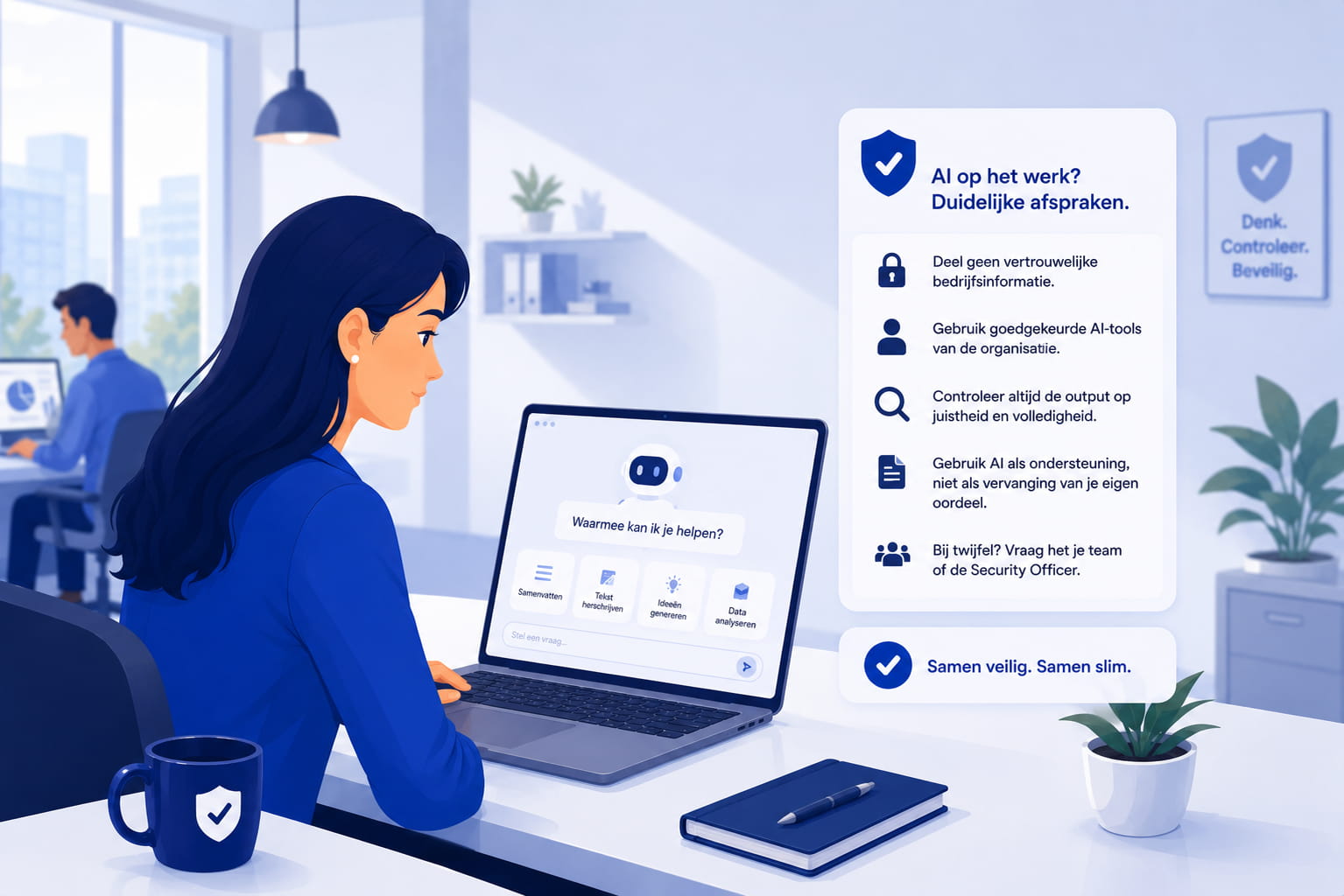 Medewerker gebruikt een AI-tool met een zakelijke tekst op het scherm