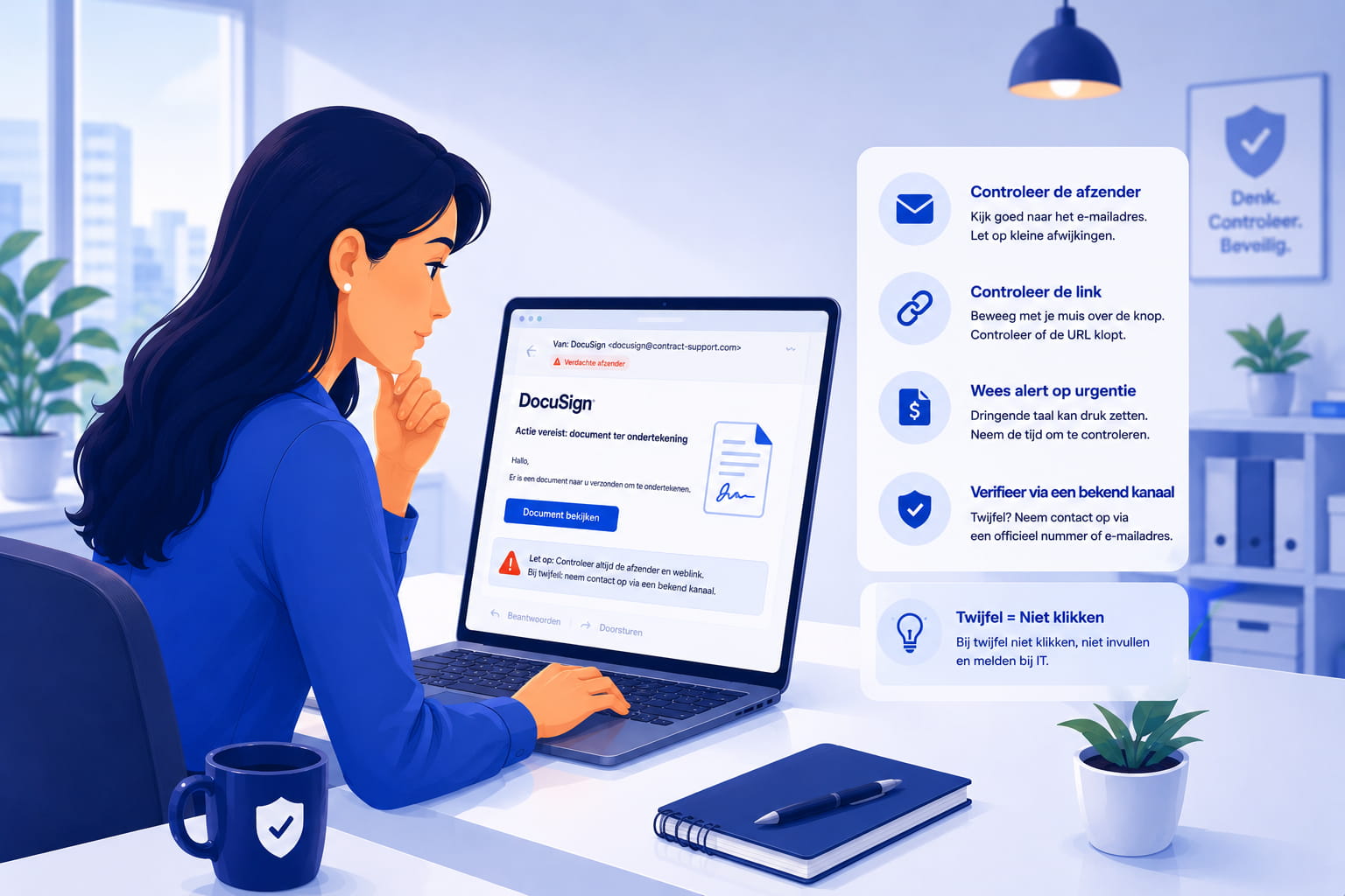 Medewerker controleert een digitaal ondertekenverzoek en een factuur