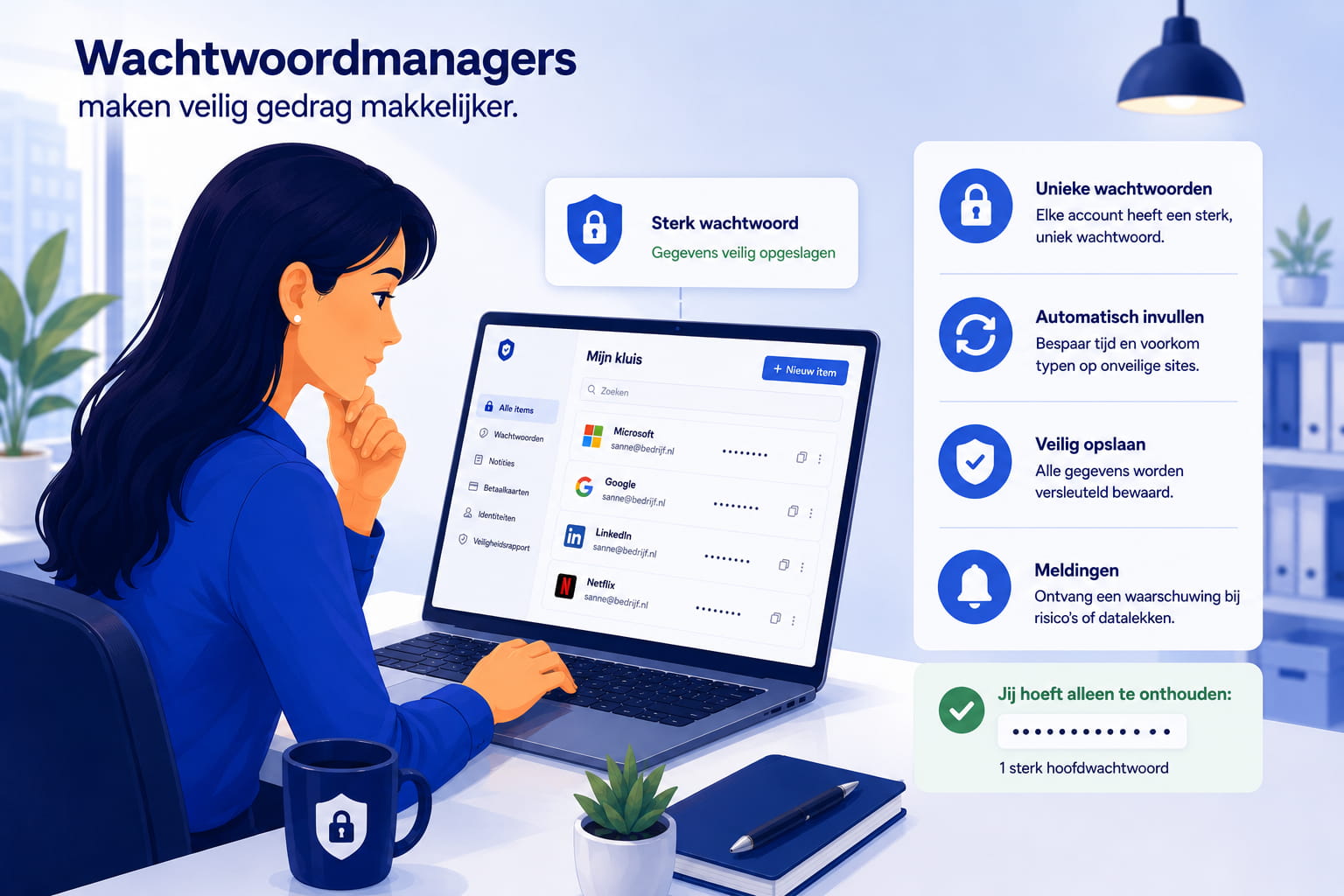 Medewerker gebruikt een wachtwoordmanager op een laptop